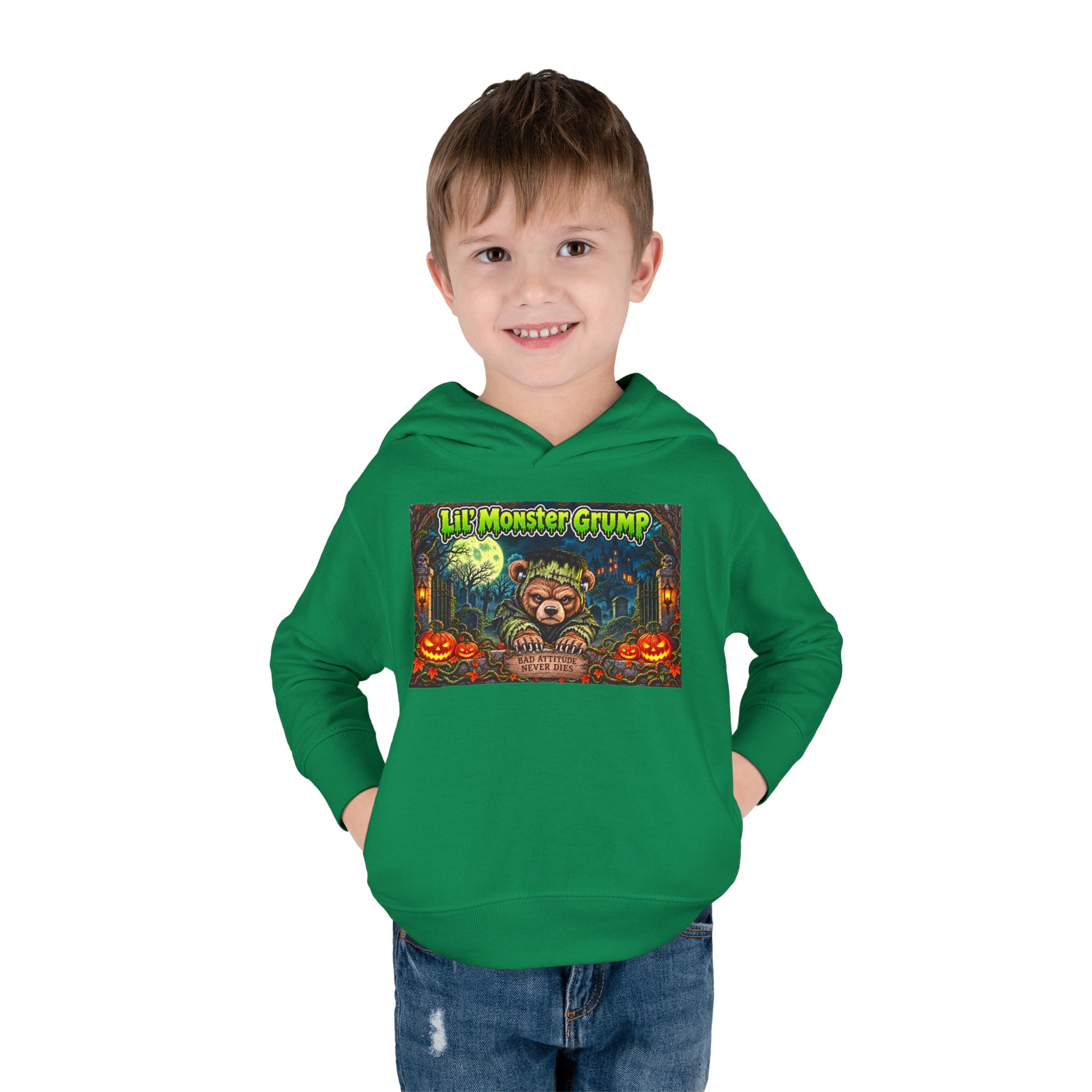 Lil’ Monster Grump Hoodie in Kelly, worn, front view
