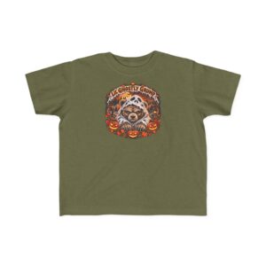 Lil’ Ghostly Grump Tee in Military Green, laid flat