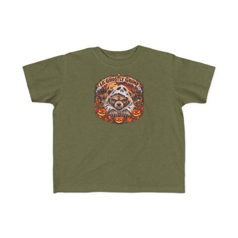 Lil’ Ghostly Grump Tee in Military Green, laid flat
