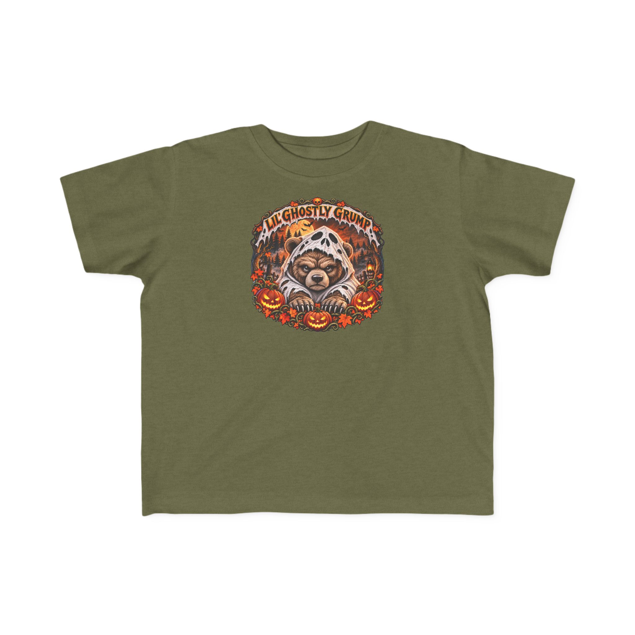 Lil’ Ghostly Grump Tee in Military Green, laid flat