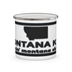 Vintage Enamel Camp Cup, front with the Montana Kid logo