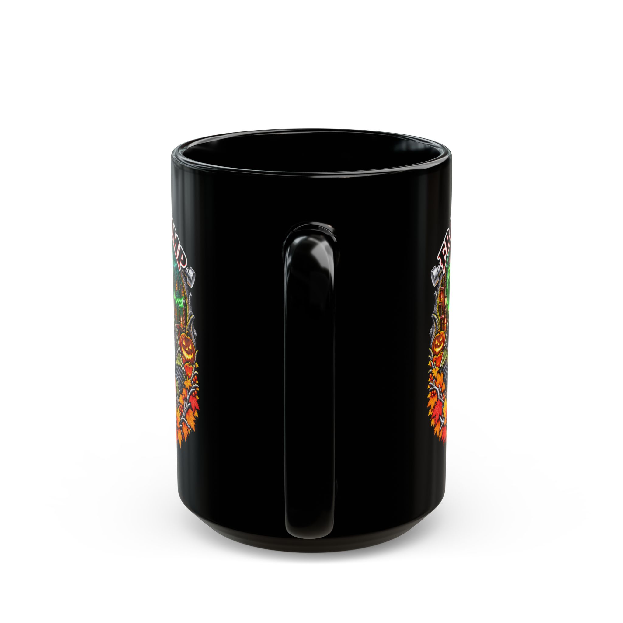 Franken Grump Mug in black, handle facing the camera
