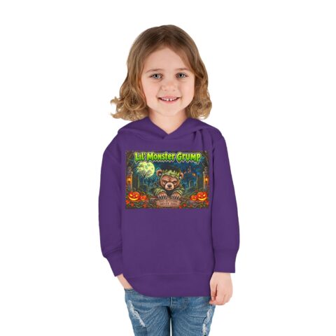 Lil’ Monster Grump Hoodie in Purple, worn, front view, second model