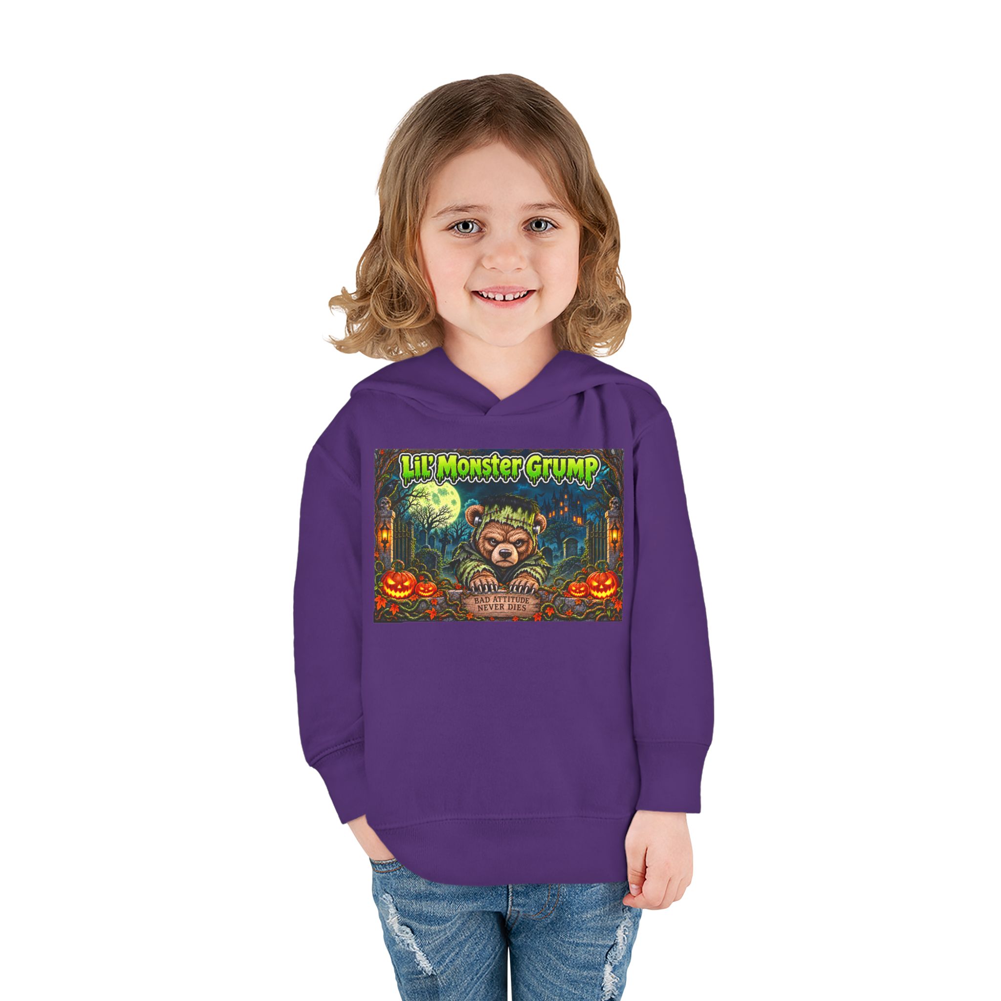 Lil’ Monster Grump Hoodie in Purple, worn, front view, second model