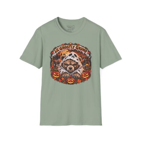 Lil’ Ghostly Grump Tee in Sage, laid flat