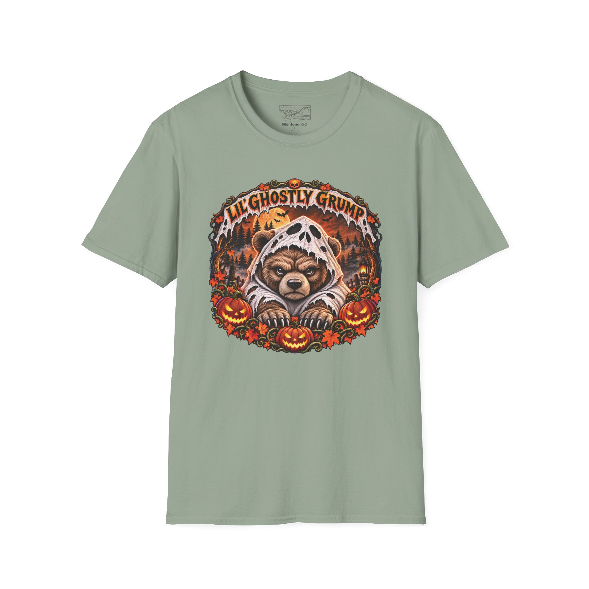 Lil’ Ghostly Grump Tee in Sage, laid flat