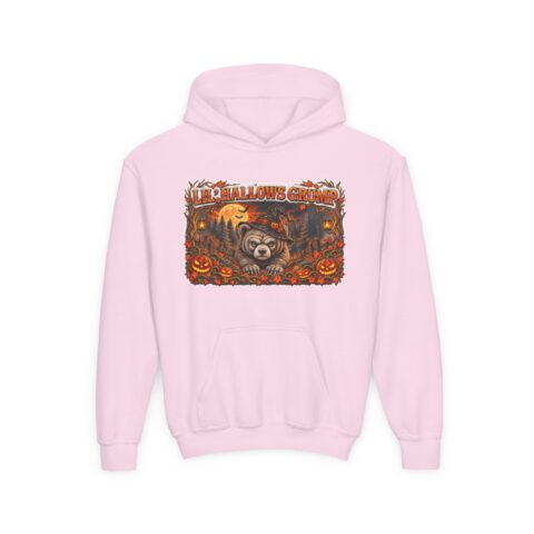 Lil’ Hallows Grump Hoodie in Light Pink, laid flat