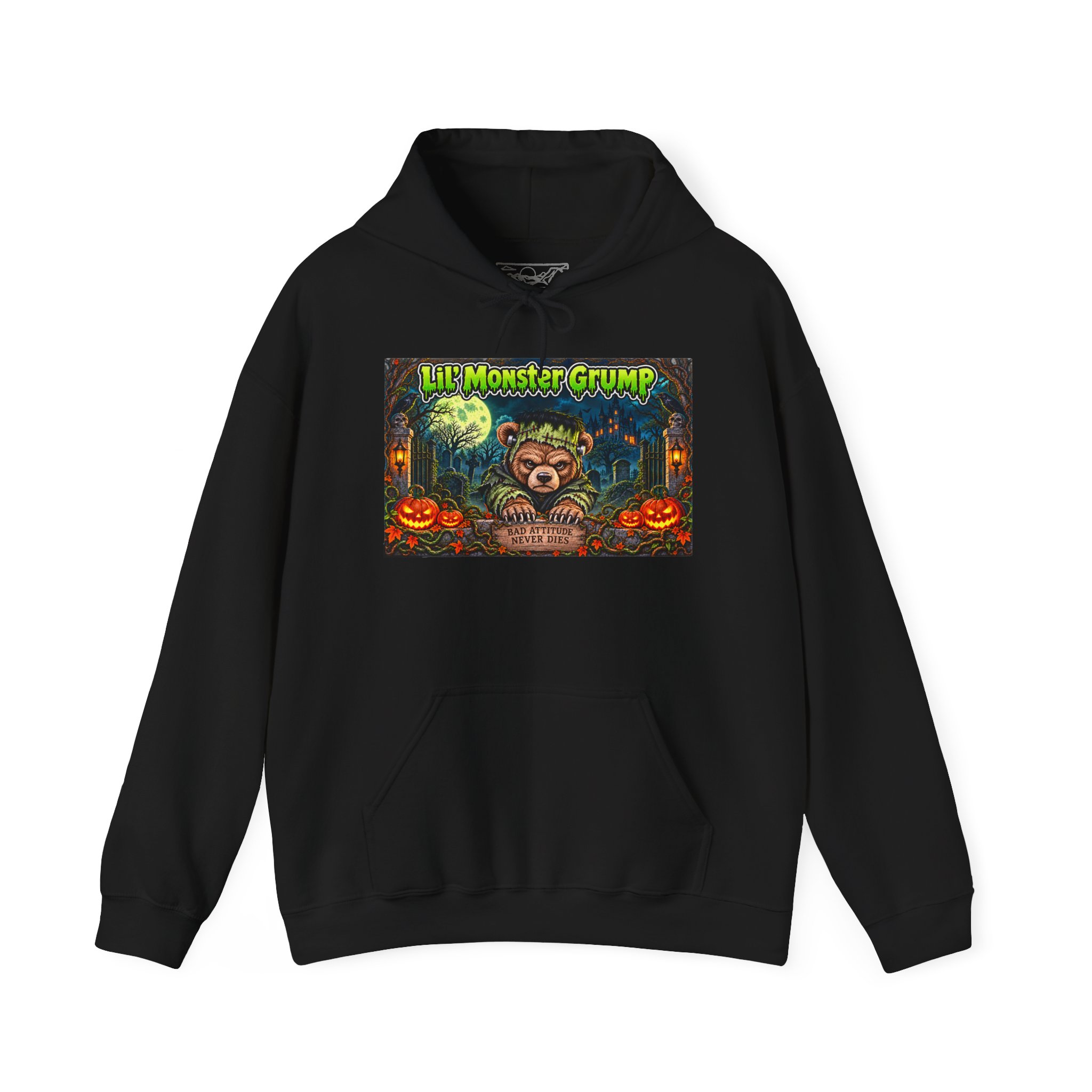 Lil’ Monster Grump Hoodie in Black, laid flat