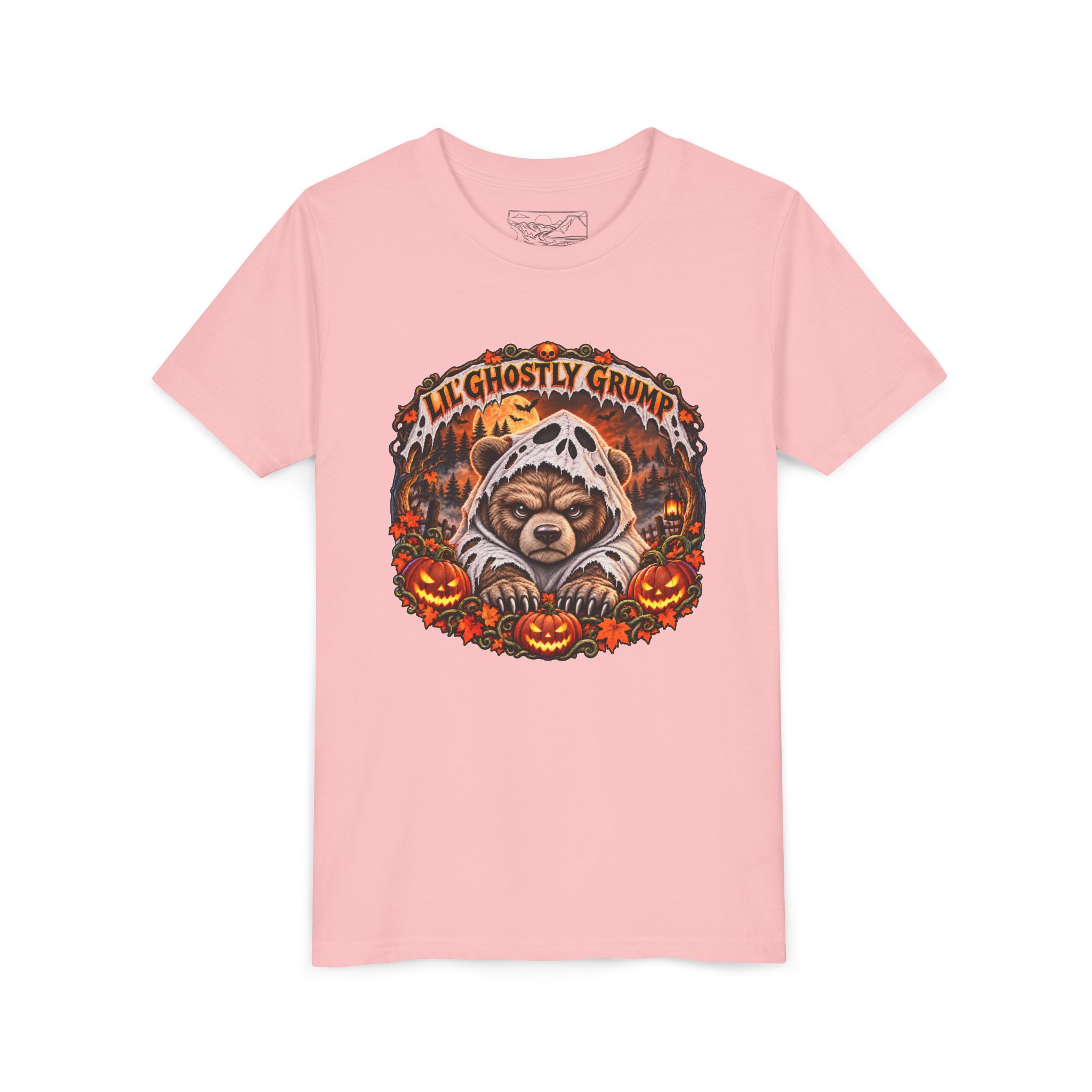 Lil’ Ghostly Grump Tee in Pink, laid flat