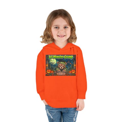 Lil’ Monster Grump Hoodie in Orange, worn, front view