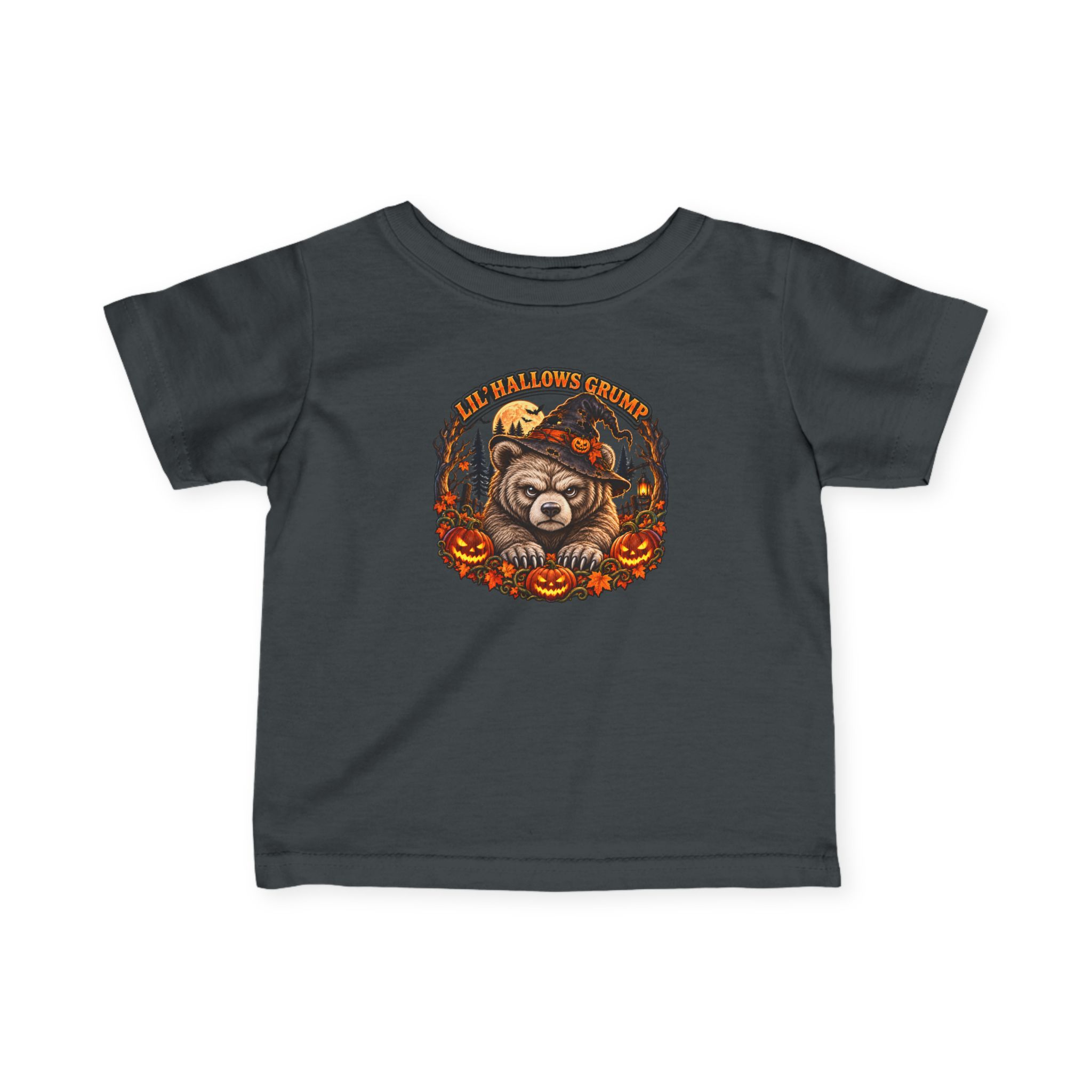 Lil’ Hallows Grump Tee in Charcoal, laid flat