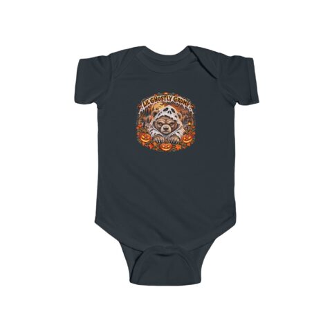 Lil’ Ghostly Grump Bodysuit in Black, laid flat