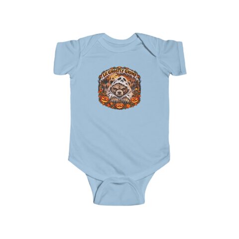 Lil’ Ghostly Grump Bodysuit in Light Blue, laid flat