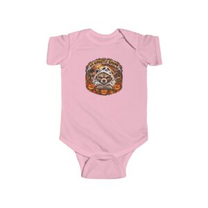 Lil’ Ghostly Grump Bodysuit in Pink, laid flat