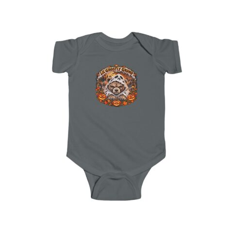 Lil’ Ghostly Grump Bodysuit in Charcoal, laid flat