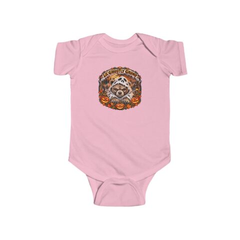 Lil’ Ghostly Grump Bodysuit in Pink, laid flat
