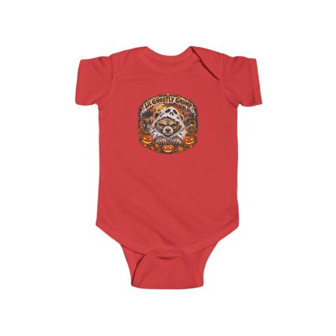 Lil’ Ghostly Grump Bodysuit in Red, laid flat