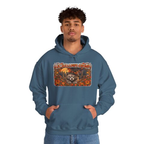Lil’ Hallows Grump Hoodie in Indigo Blue, worn, front view, second model