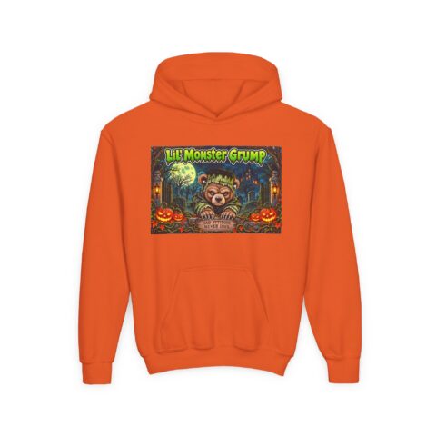 Lil’ Monster Grump Hoodie in Orange, laid flat