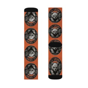 Lil’ Grump Crew Socks in Sun Orange, both sides laid flat to show the full wrap print