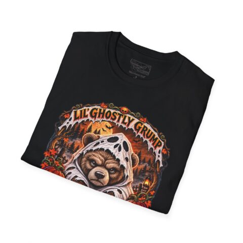 Lil’ Ghostly Grump Tee in Black, folded close-up