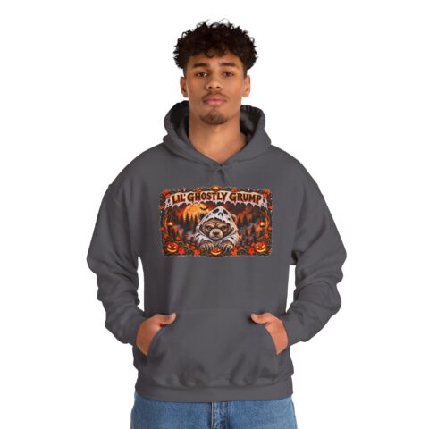 Lil’ Ghostly Grump Hoodie in Charcoal, worn, front view