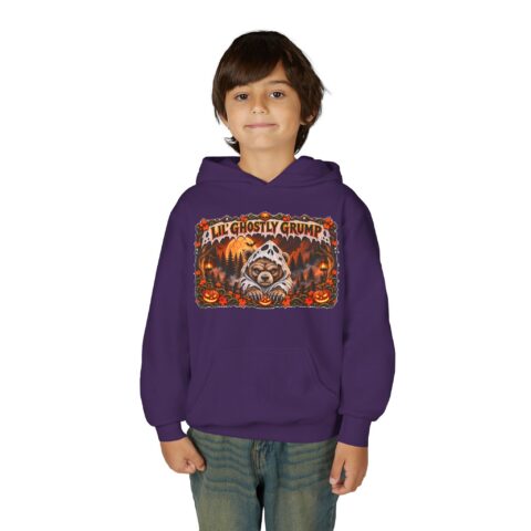 Lil’ Ghostly Grump Hoodie in Purple, worn, front view