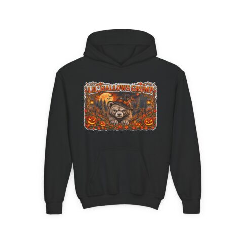 Lil’ Hallows Grump Hoodie in Black, laid flat
