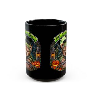 Lil' Monster Grump Mug in black, handle at the back, design printed on both sides