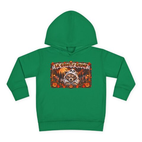Lil’ Ghostly Grump Hoodie in Kelly, laid flat