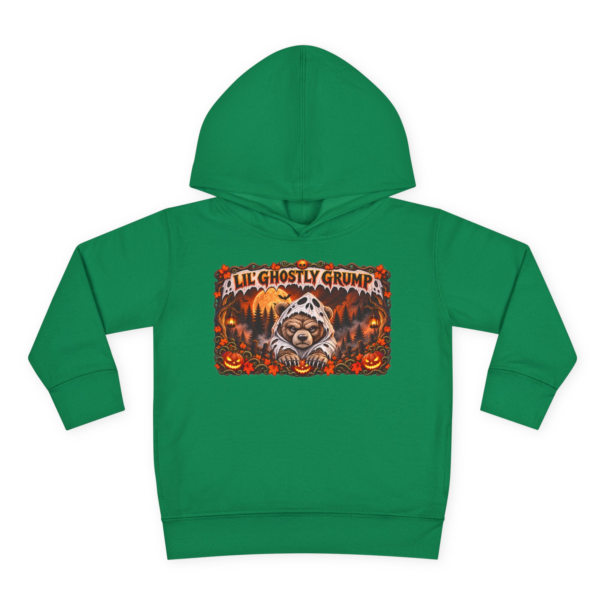 Lil’ Ghostly Grump Hoodie in Kelly, laid flat