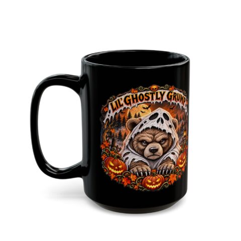 Lil' Ghostly Grump Mug in black, second print with the handle on the left