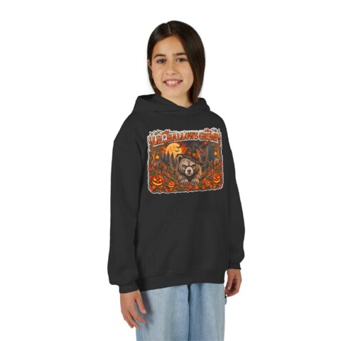 Lil’ Hallows Grump Hoodie in Black, worn, front view