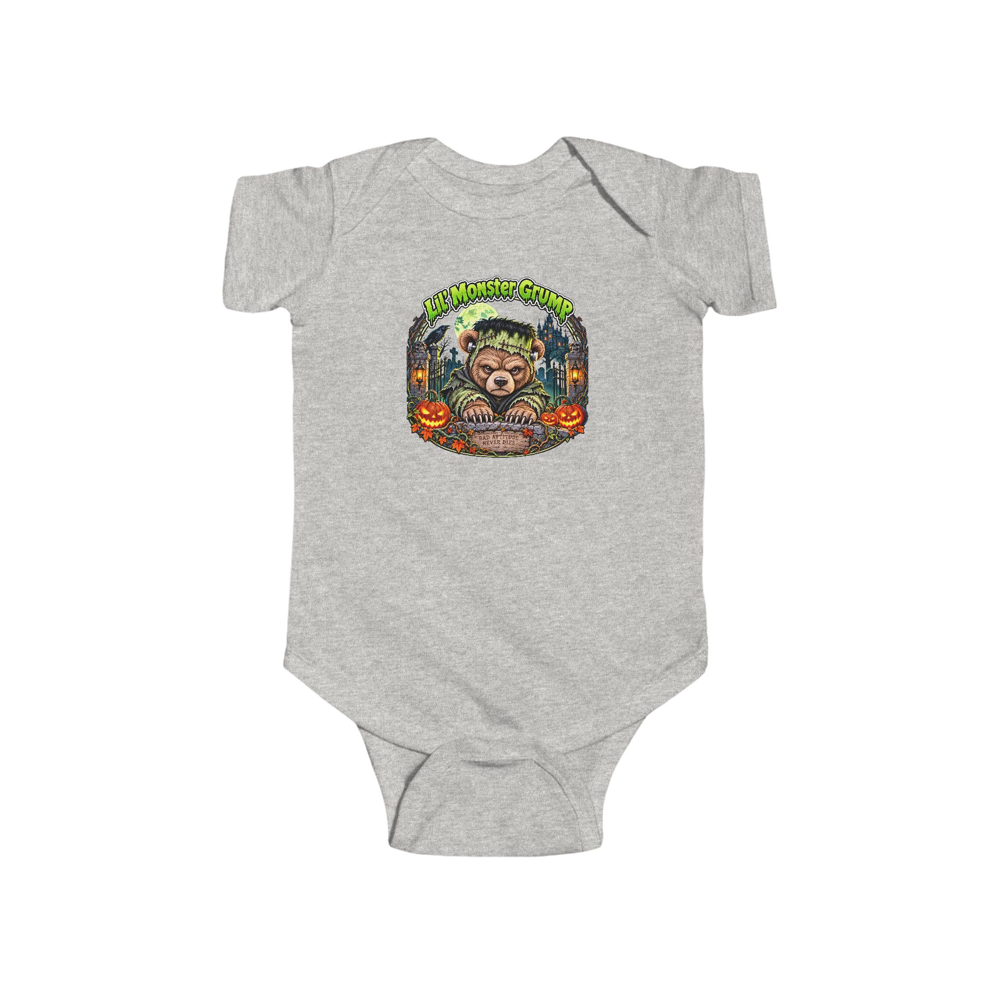 Lil' Monster Grump Bodysuit in Ash, laid flat