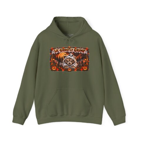 Lil’ Ghostly Grump Hoodie in Military Green, laid flat