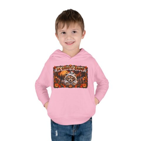 Lil’ Ghostly Grump Hoodie in Pink, worn, front view, second model