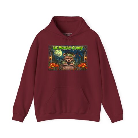 Lil’ Monster Grump Hoodie in Garnet, laid flat