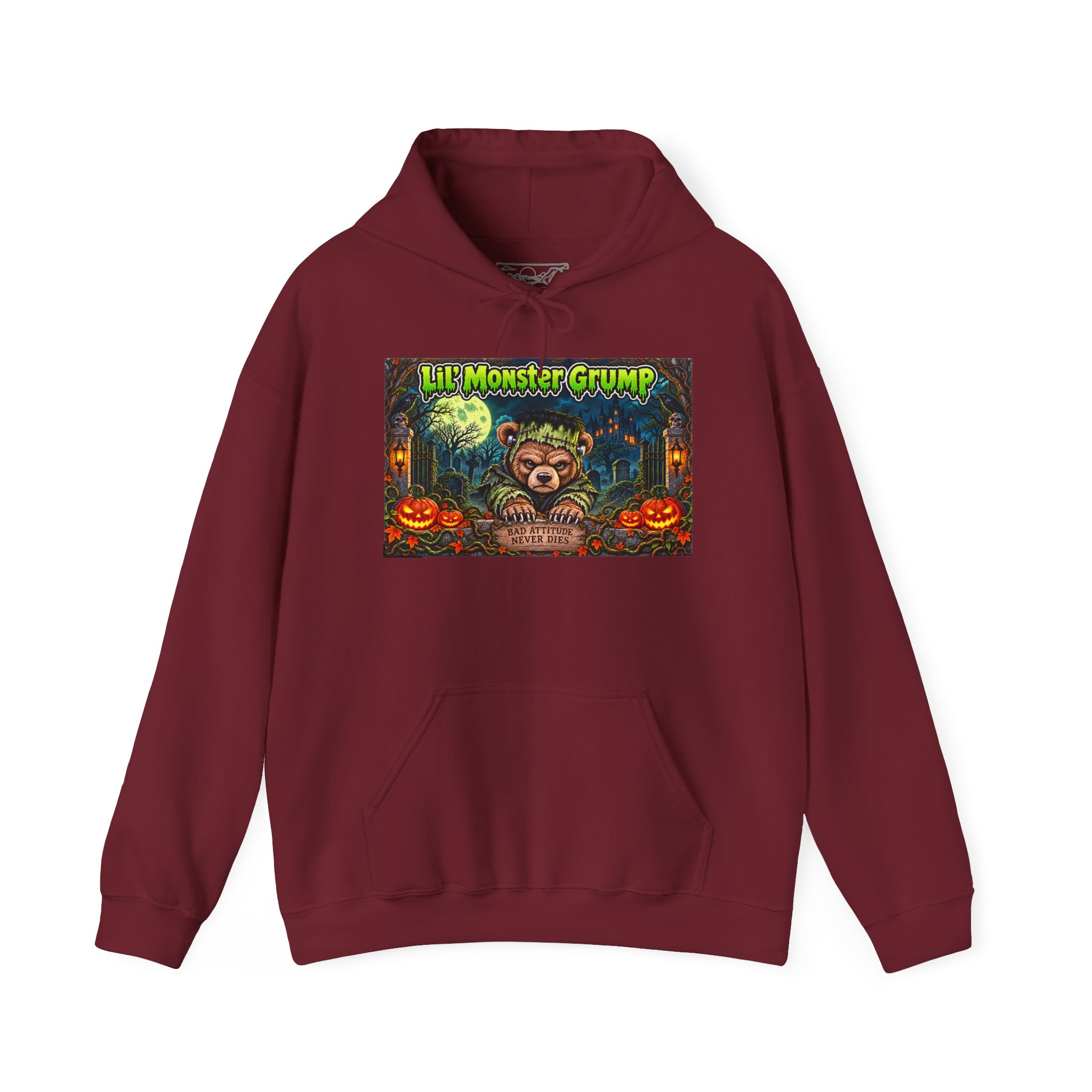 Lil’ Monster Grump Hoodie in Garnet, laid flat