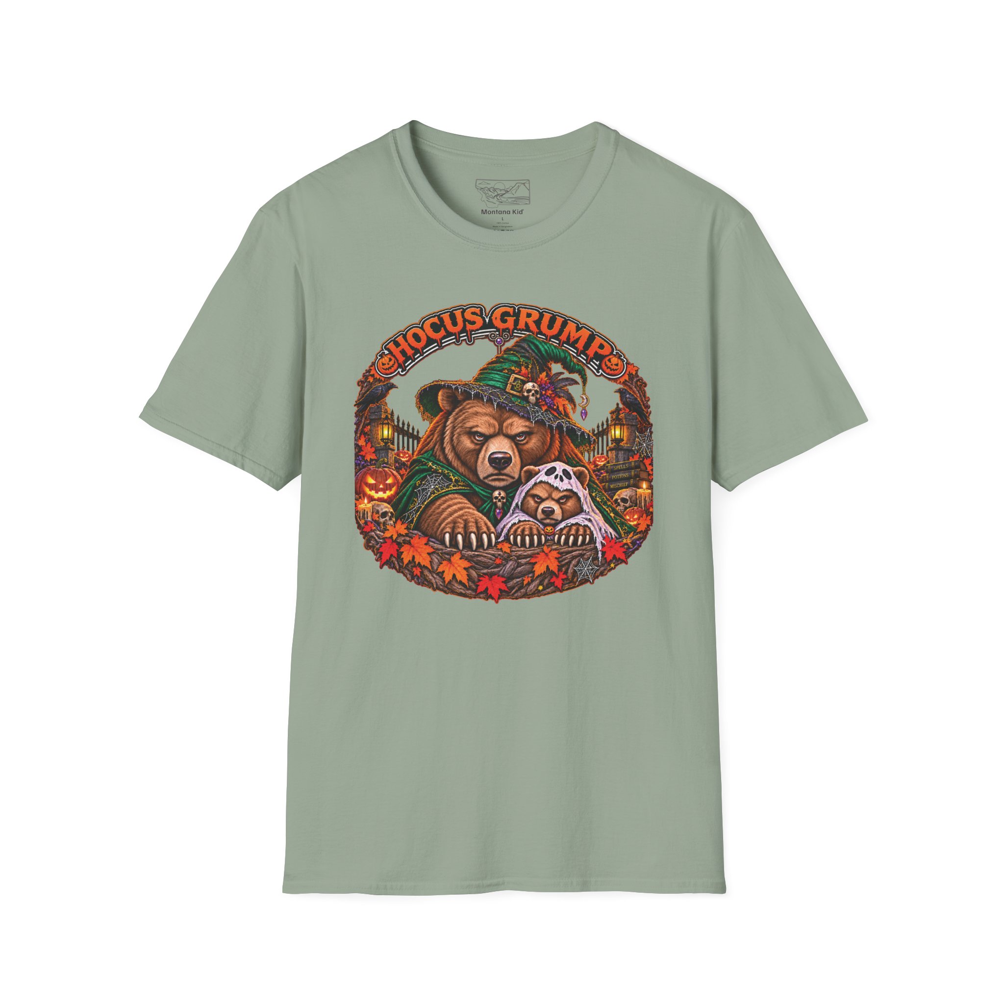 Hocus Grump Tee in Sage, laid flat