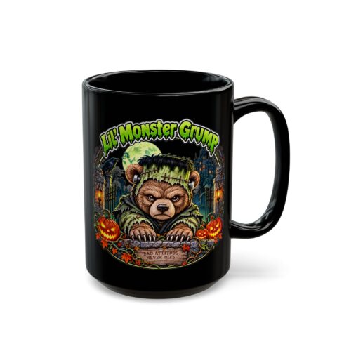 Lil' Monster Grump Mug, 15oz black ceramic, front with the handle on the right