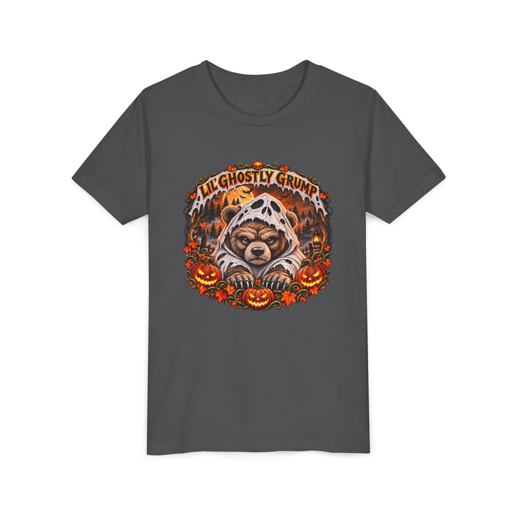 Lil’ Ghostly Grump Tee in Asphalt, laid flat