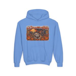 Lil’ Hallows Grump Hoodie in Carolina Blue, laid flat