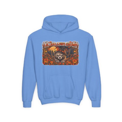 Lil’ Hallows Grump Hoodie in Carolina Blue, laid flat