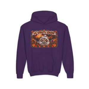 Lil’ Ghostly Grump Hoodie in Purple, laid flat