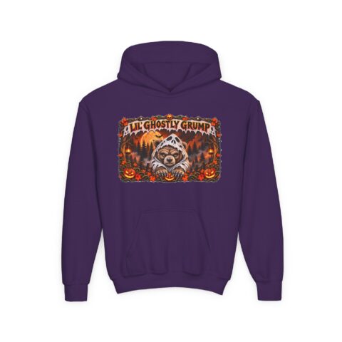 Lil’ Ghostly Grump Hoodie in Purple, laid flat