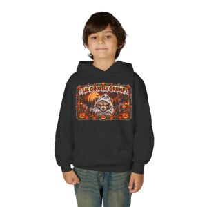Lil’ Ghostly Grump Hoodie in Black, worn, front view