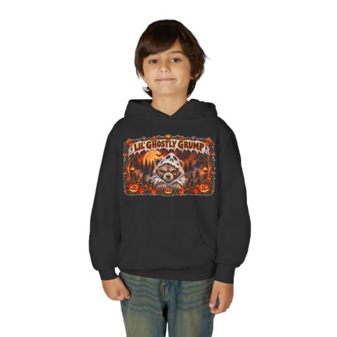 Lil’ Ghostly Grump Hoodie in Black, worn, front view