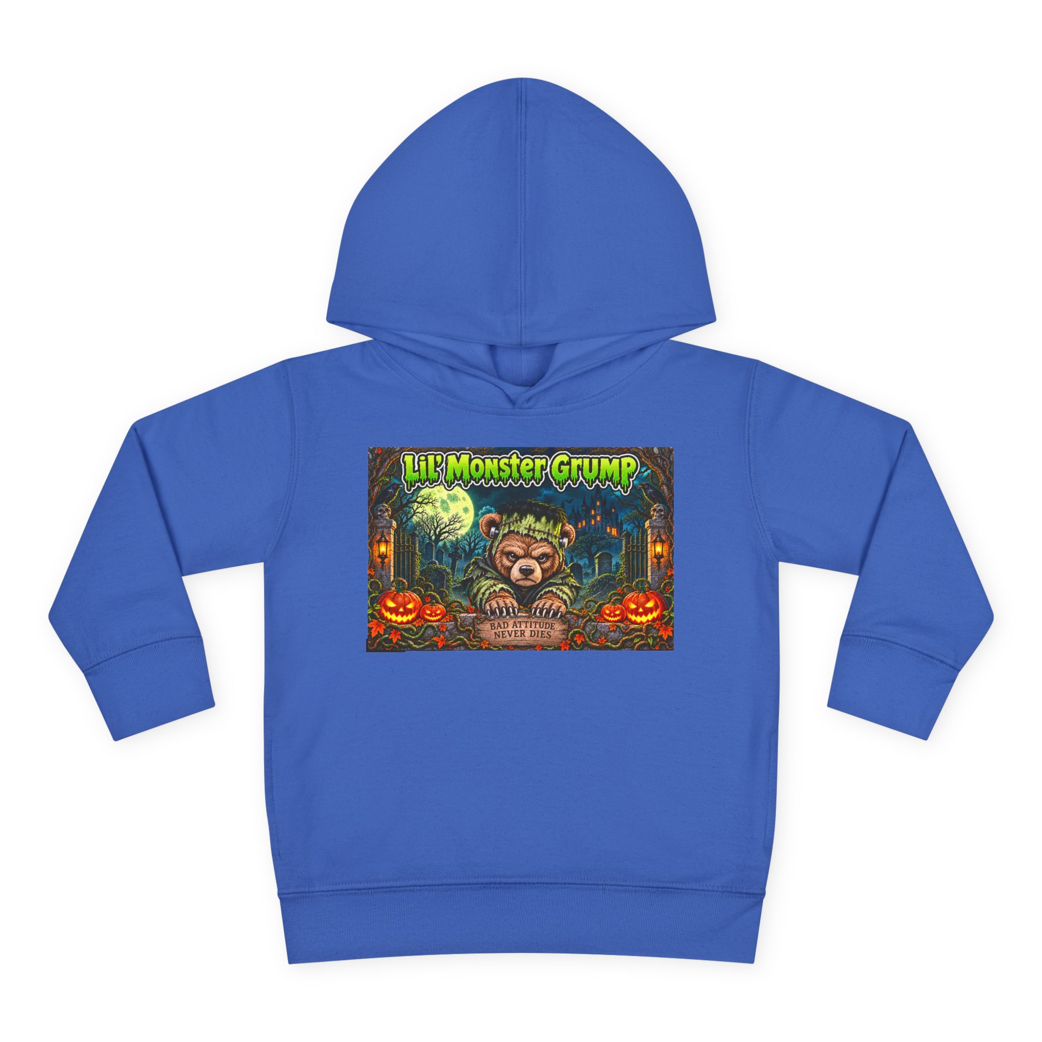 Lil’ Monster Grump Hoodie in Vintage Royal, laid flat