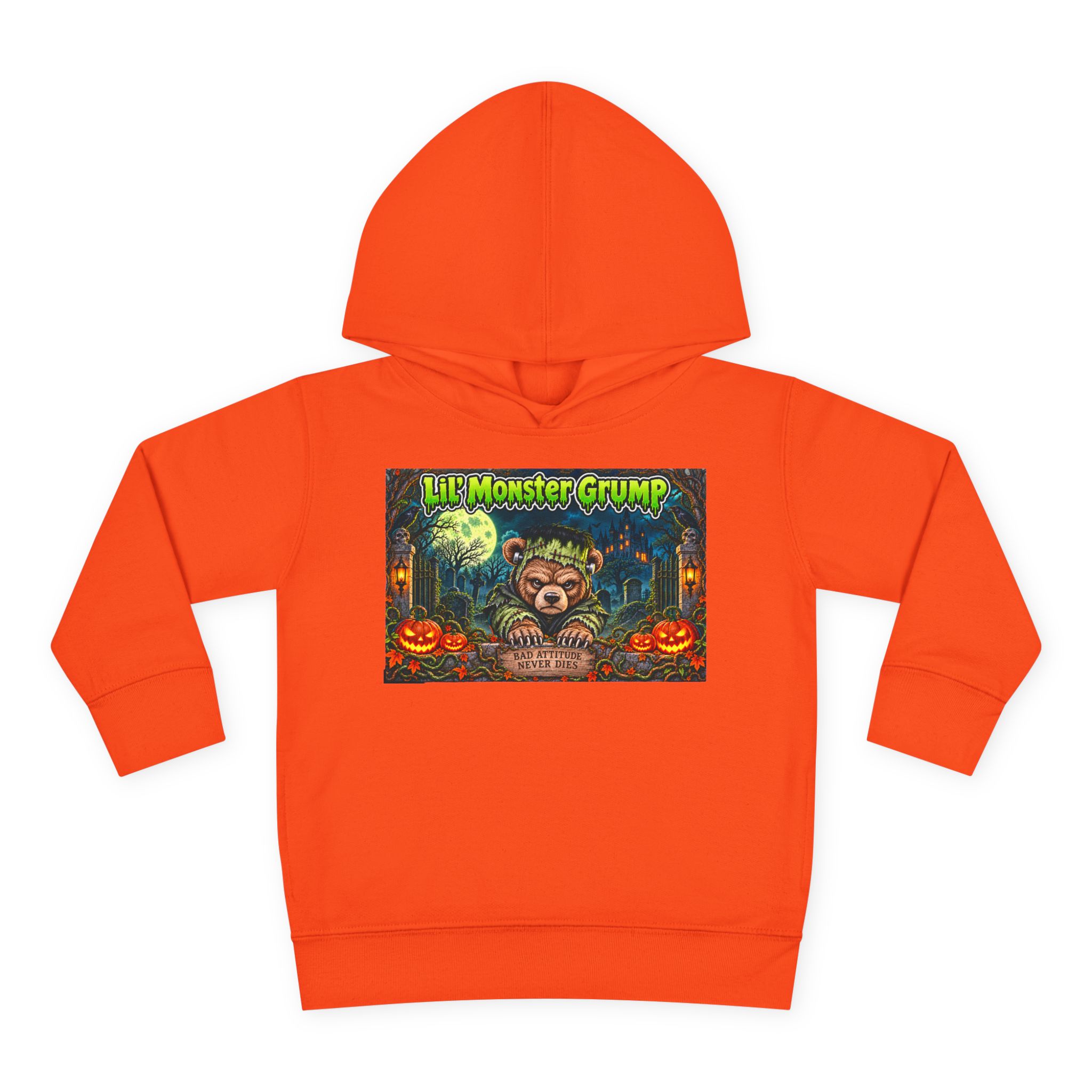 Lil’ Monster Grump Hoodie in Orange, laid flat