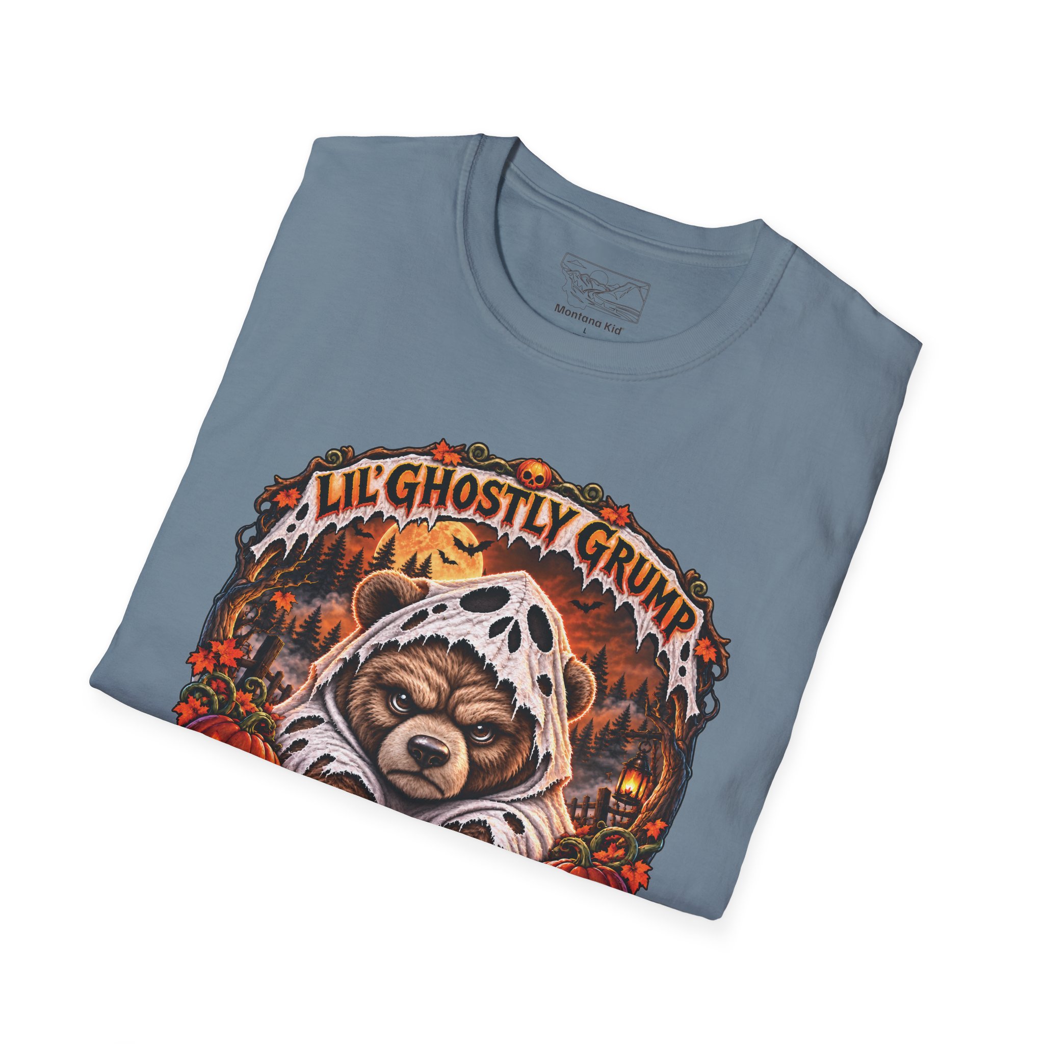 Lil’ Ghostly Grump Tee in Stone Blue, folded close-up